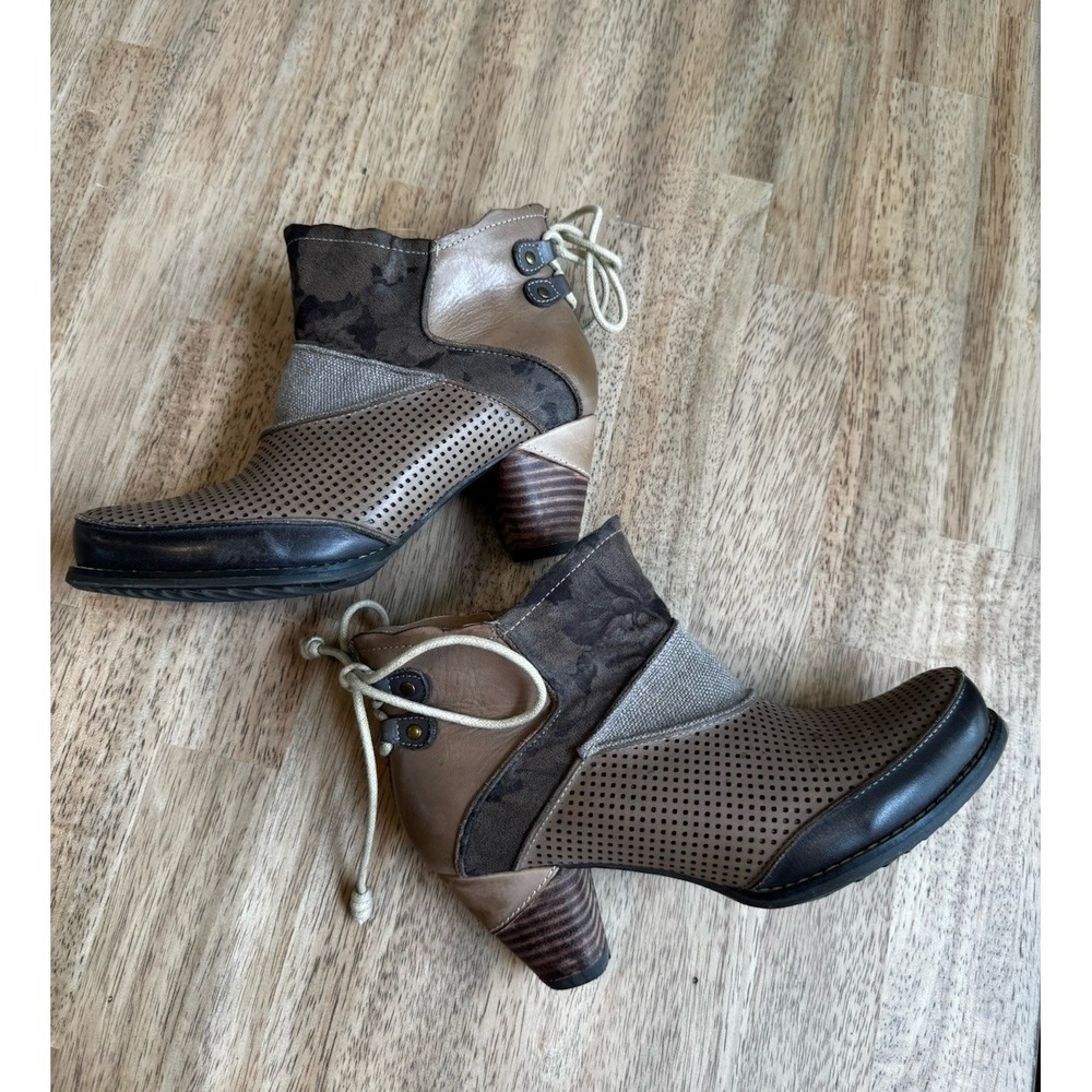 Corky's Patchwork Leather Ankle Boots Heeled Booties Lace Up Brown Zip 6 LKNW